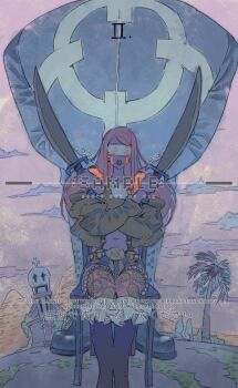 1boy 1girl bartholomew_kuma boots commentary covered_eyes father_and_daughter hands_on_another&#039;s_shoulders highres holding holding_sword holding_weapon jewelry_bonney one_piece pink_hair sample_watermark sitting siyangou49 spirit sword tears thighhighs watermark weapon