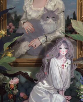 Rule 34 | 1girl, absurdres, aki a0623, animal, blush, cat, commentary request, couch, cowboy shot, creature and personification, dress, flower, grey cat, grey eyes, grey hair, highres, indoors, long hair, long sleeves, nightgown, on couch, original, painting (object), pale skin, personification, picture frame, pink flower, pink rose, red flower, red lips, red rose, rose, sitting, solo, vase, wavy hair, white dress