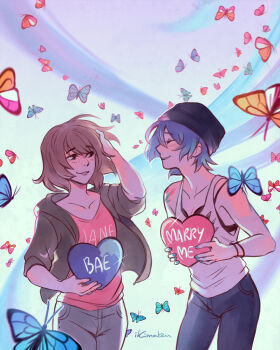 2girls arm_tattoo artist_name beanie black_hat blue_butterfly blue_hair blue_pants brown_hair brown_jacket bug butterfly chloe_price hat heart highres ikimaru insect jacket life_is_strange_(series) life_is_strange_1 marriage_proposal max_caulfield multiple_girls open_clothes open_jacket orange_butterfly pants pink_shirt shirt signature tank_top tattoo white_tank_top yuri
