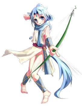 Rule 34 | 10s, 1girl, animal ears, barefoot, blue eyes, blue hair, bow, bracer, commentary request, convenient censoring, dog days, dog ears, dog tail, female focus, flat chest, forehead jewel, full body, gold trim, highres, horse ears, horse girl, horse tail, jewelry, lingling (artist), matching hair/eyes, md5 mismatch, necklace, no panties, open mouth, rinrin (inhonoor), scarf, sharu (dog days), short hair, simple background, solo, tabard, tail, white background