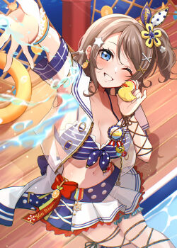 Rule 34 | 1girl, absurdres, bikini, bird, boat, bow, bracelet, breasts, brown hair, character name, cleavage, duck, earrings, food, frilled thigh strap, from behind, front-tie bikini top, front-tie top, fruit, grey hair, hair ornament, hand up, highres, innertube, jewelry, leg ribbon, looking at viewer, love live!, love live! sunshine!!, mandarin orange, midriff, name tag, navel, ocean, one eye closed, outdoors, ponytail, pukonuu, reaching, ribbon, rubber duck, sailor collar, see-through clothes, see-through sleeves, short hair, short ponytail, side ponytail, skirt, smile, solo, splashing, striped clothes, swim ring, swimsuit, thigh strap, thighs, toy, watanabe you, watanabe you (splash marine), water, watercraft, wavy hair