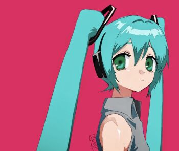Rule 34 | 1girl, aqua hair, artist name, bare shoulders, collared shirt, expressionless, from side, green eyes, grey shirt, hatsune miku, headphones, jpeg artifacts, looking at viewer, m09 toro, red background, ring hair ornament, shirt, simple background, sleeveless, sleeveless shirt, solo, turning head, twintails, vocaloid