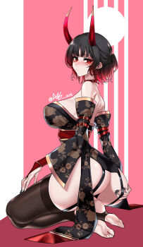 1girl absurdres ass bare_back bare_hips bare_shoulders black_hair breasts choker colored_tips detached_sleeves dogs_(dlrkdejr26) full_body furisode_sleeves garter_straps gradient_hair highres large_breasts looking_at_viewer multicolored_hair nail_polish oni original red_eyes red_hair seiza shiny_skin short_hair sitting solo stirrup_legwear thick_thighs thighhighs thighs toeless_legwear tsurime