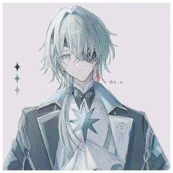 Rule 34 | 1boy, 41 tr, anaxa (honkai: star rail), aqua eyes, aqua hair, black jacket, closed mouth, earrings, eyepatch, gem, hair between eyes, hair intakes, highres, honkai: star rail, honkai (series), jacket, jewelry, lapels, looking at viewer, male focus, mandarin collar, medium hair, notched lapels, one eye covered, red gemstone, red pupils, shirt, side ponytail, simple background, single earring, solo, twitter username, upper body, white background, white shirt