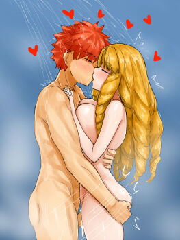 1boy 1girl absurdres blonde_hair blush breasts closed_eyes commentary cum cum_in_pussy drill_hair ejaculation emiya_shirou english_commentary fate/hollow_ataraxia fate_(series) grabbing_another's_ass groping heart hetero highres hug kiss large_breasts long_hair luviagelita_edelfelt nude orange_hair penis sex short_hair showering steamingtofu