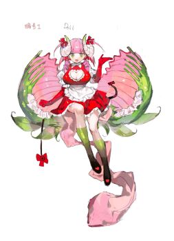 1girl apron black_shoes breasts chinese_commentary cleavage cleavage_cutout clothing_cutout collared_dress commentary_request dress elbow_gloves frilled_apron frills gloves green_eyes hand_up heart highres horn_ornament horn_ribbon horns large_breasts maid open_mouth original personification pink_hair plant puffy_short_sleeves puffy_sleeves red_dress red_gloves red_ribbon ribbon shoes short_hair short_sleeves sitting smile solo tail venus_flytrap vihua6 waist_apron white_background white_horns