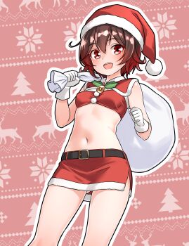 1girl absurdres bag belt black_belt breasts brown_hair commentary_request cropped_shirt furaggu_(frag_0416) gift_bag gloves gradient_hair hat highres holding holding_bag kantai_collection miniskirt multicolored_hair mutsuki_(kancolle) navel pencil_skirt red_eyes red_hair red_hat red_shirt red_skirt santa_costume santa_hat shirt skirt sleeveless sleeveless_shirt small_breasts solo standing stomach thighs variant_set white_gloves