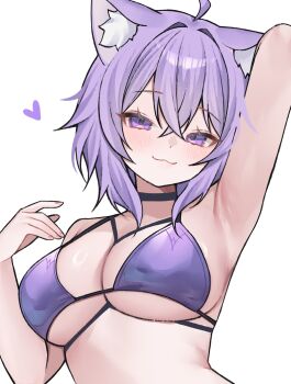 1girl :3 ahoge animal_ears arm_up armpits bikini breasts cat_ears commentary english_commentary heart highres hololive large_breasts miclipse nekomata_okayu purple_bikini purple_eyes purple_hair ring_light_reflection solo swimsuit upper_body virtual_youtuber white_background