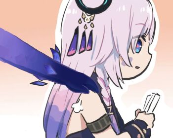 1girl armband blue_eyes braid brown_background card citlali_(genshin_impact) commentary english_commentary facial_mark genshin_impact hair_ornament long_hair multicolored_hair pink_hair playing_card skirk_(genshin_impact) tapping_shoulder upper_body xinzoruo