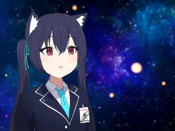 1girl animal_ear_fluff animal_ears black_hair black_jacket blazer blue_archive blue_necktie blue_ribbon cat_ears collared_shirt hair_between_eyes hair_ribbon highres jacket long_hair meme misaki_nonaka necktie parted_lips red_eyes ribbon serika_(blue_archive) shirt solo space space_cat_(meme) twintails upper_body white_shirt