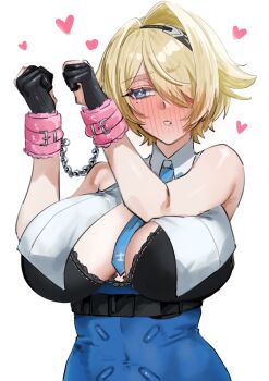 Rule 34 | 1girl, 8hagi igah8, bare shoulders, between breasts, black bra, black gloves, black hairband, blonde hair, blue eyes, blue necktie, blue skirt, blush, bra, breasts, cleavage, collared shirt, commentary request, covered navel, cowboy shot, cuffed, cuffs, full-face blush, girls' frontline, girls' frontline 2: exilium, gloves, hair between eyes, hair intakes, hair ornament, hairband, handcuffs, hands up, heart, high-waist skirt, highres, large breasts, mole, mole under eye, necktie, necktie between breasts, nikketa (girls' frontline 2), parted lips, partially fingerless gloves, shirt, short hair, sidelocks, simple background, skirt, sleeveless, sleeveless shirt, solo, standing, swept bangs, underbust, underwear, vsk-94 (girls' frontline), white background, white shirt