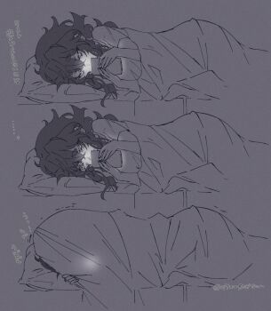 1girl cellphone citron80citron commentary_request crying crying_with_eyes_open double-parted_bangs glowing gundam gundam_suisei_no_majo highres holding holding_phone long_hair looking_at_phone lying messy_hair on_side phone sequential short_eyebrows short_sleeves smartphone suletta_mercury tears translation_request twitter_username under_covers