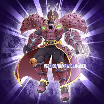 1boy absurdres antennae armor belt_buckle black_bodysuit bodysuit buckle claws commentary commission cosplay english_commentary full_body fusion helmet highres kamen_rider kamen_rider_geats_(series) kamen_rider_regad_omega male_focus muscular open_hands power_armor ramawidjanarko2 red_armor relinquished relinquished_(cosplay) rider_belt shoulder_armor solo tailcoat vgen_commission vgen_username white_helmet