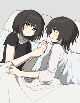 2girls amakura_mayu amakura_mio bed_sheet black_shirt blanket bob_cut brown_eyes brown_hair closed_mouth commentary eye_contact face-to-face fatal_frame fatal_frame_ii:_crimson_butterfly grey_background hands_up head_on_pillow incest looking_at_another lying multiple_girls on_side parted_lips pillow rog_33 shared_blanket shirt short_hair short_sleeves siblings simple_background sisters smile three-quarter_sleeves twincest twins under_covers upper_body white_shirt yuri
