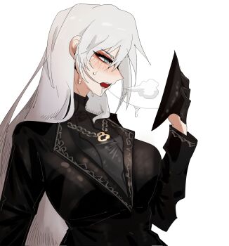 1girl angelica_(project_moon) arczaeon black_gloves black_jacket black_sweater blue_eyes blush breath commentary drooling english_commentary eyeshadow from_side gloves highres holding holding_mask jacket jewelry lapels library_of_ruina long_hair long_sleeves makeup mask necklace notched_lapels open_mouth project_moon red_eyeshadow ring ring_necklace saliva saliva_trail simple_background solo sweat sweater teeth turtleneck turtleneck_sweater unworn_mask upper_teeth_only white_background white_hair