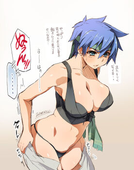 10s 1girl 2013 bandana black_panties blue_hair blush breasts bustier cleavage dated dressing female_focus fire_emblem fire_emblem:_path_of_radiance gender_request genderswap gradient_background headband ike_(fire_emblem) large_breasts nintendo panties short_hair solo tank_top text_focus tomboy translated underwear yajiro_masaru