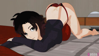 1girl 3d arched_back artist_name ass bed black_hair butt_crack grey_eyes highres kallenz looking_at_viewer panties red_panties ruby_rose rwby short_hair smile solo top-down_bottom-up underwear