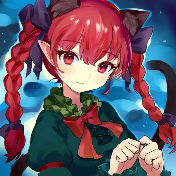 1girl animal_ear_fluff animal_ears blue_background braid cat_ears cat_tail closed_mouth commentary_request dpinkycandy extra_ears fang kaenbyou_rin long_hair looking_at_viewer pointy_ears red_eyes red_hair side_braids solo tail touhou twin_braids upper_body