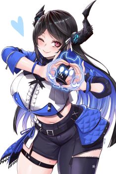 Rule 34 | 1girl, absurdres, asymmetrical horns, asymmetrical legwear, blush, breasts, cowboy shot, heart, heart hands, highres, hololive, hololive english, horns, jailbird (nerissa ravencroft), kivo, large breasts, mole, mole under eye, navel, nerissa ravencroft, one eye closed, purple eyes, simple background, solo, uneven horns, virtual youtuber, white background