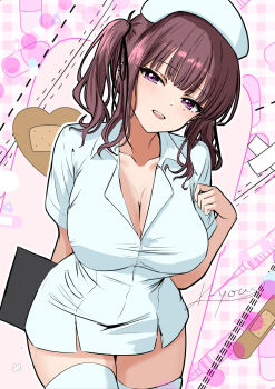 1girl arm_at_side artist_name bandaid beret black_ribbon breasts brown_hair cleavage commentary_request cowboy_shot curvy dress gingham_background hair_ribbon hand_up hat highres k-yous large_breasts looking_at_viewer medium_hair microdress mole mole_under_eye natsuki_karin nurse open_mouth pill pink_background purple_eyes ribbon short_sleeves signature smile solo standing synthesizer_v syringe thighhighs twintails white_dress white_hat white_thighhighs wide_hips zettai_ryouiki