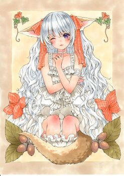 1girl acorn animal_ears blush checkered_ribbon choker closed_mouth commentary_request cropped_legs dress finger_to_own_chin frilled_dress frills hair_ribbon hand_up head_tilt highres long_hair looking_at_viewer marker_(medium) meeya one_eye_closed original purple_eyes red_ribbon ribbon sitting sleeveless sleeveless_dress solo tail traditional_media very_long_hair wavy_hair white_choker white_dress white_hair wispy_bangs