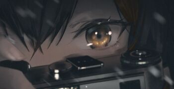 1girl black_hair camera close-up commentary double-parted_bangs hair_between_eyes highres holding holding_camera hololive kyoko_(zeprii4) multicolored_hair ookami_mio red_hair solo streaked_hair symbol-only_commentary virtual_youtuber