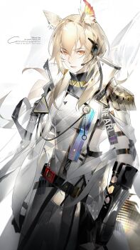 Rule 34 | 1girl, animal ears, arknights, blonde hair, cowboy shot, highres, horse ears, horse girl, llmia4, looking at viewer, nearl (arknights), nearl the radiant knight (arknights), solo, standing, white background