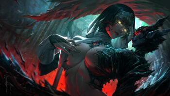 2girls absurdres blonde_hair body_horror breasts bridal_gauntlets corruption glowing glowing_eyes highres large_breasts multiple_girls nun nun_headdress original pointy_ears red_eyes short_hair tuweibu yellow_eyes