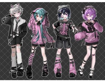 4boys :&lt; :d ahoge animal_ear_headphones animal_ear_headwear animal_ears aqua_hair arm_warmers asymmetrical_legwear bandaid bandaid_on_cheek bandaid_on_face bandaid_on_knee bandaid_on_leg belt black_boots black_bow black_hair black_necktie black_sailor_collar black_shoes black_shorts blue_hair blush boots bow center_frills collared_shirt colored_inner_hair commentary crossed_bangs ensemble_stars! eyelashes eyepatch fake_animal_ears frills full_body gauze_on_thigh green_eyes hair_between_eyes hair_ornament hairclip hanamura_fuyume hand_on_own_head hand_up hashtag-only_commentary hat headdress headphones highres hojo_raika holding holding_phone jewelry jirai_kei kneehighs leg_warmers long_hair long_sleeves male_focus mary_janes medical_eyepatch multicolored_hair multiple_boys multiple_rings natsu_kanna necktie one_eye_closed open_mouth phone purple_eyes purple_hair purple_sweater red_eyes ribbon ring s2eoyu_ul sagiri_esu sailor_collar shirt shoes short_hair short_shorts shorts single_fishnet_legwear smile socks special_for_princess!_(ensemble_stars!) striped_leg_warmers sweater thigh_strap trap v wallet_chain white_hair white_socks