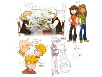 2boys 3girls aged_up blonde_hair blush bread bread_slice breakfast brother_and_sister charlie_brown dog_sees_god dubu274611 earrings food freckles glasses highres jewelry marcie_(peanuts) multiple_boys multiple_girls peanuts_(comic) peppermint_patty sally_brown schroeder_(peanuts) shirt short_hair short_sleeves siblings sitting skirt smile striped_clothes striped_shirt toast vertical-striped_clothes vertical-striped_shirt yaoi yellow_shirt