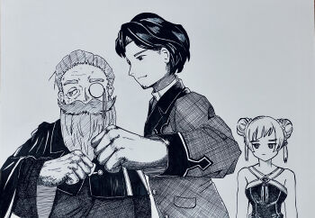 1girl 2boys absurdres beard cape clenched_hand closed_mouth commentary_request covered_mouth crosshatching dated_commentary denken_(sousou_no_frieren) double_bun dress expressionless facial_hair greyscale hair_bun hand_up hatching_(texture) highres jacket laufen_(sousou_no_frieren) long_beard long_sleeves looking_at_another monochrome monocle monocle_chain multiple_boys mustache one_eye_covered richter_(sousou_no_frieren) short_hair sleeveless sleeveless_dress sousou_no_frieren standing traditional_media wide_sleeves yousonn