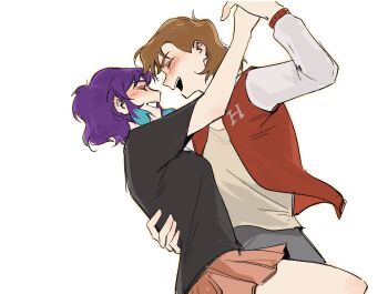 Rule 34 | 1boy, 1girl, black shirt, blue hair, blush, brown hair, closed eyes, commentary, dancing, dmitry bratsky, elisa douchnov, hand on another's back, hetero, highres, holding hands, implied hetero, jacket, letterman jacket, medium hair, multicolored hair, my student spirit, open mouth, pink skirt, pleated skirt, purple hair, red jacket, shirt, short hair, simple background, skirt, smile, symbol-only commentary, t-shirt, white background, yy20251111