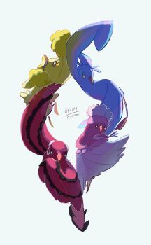 animal_focus beak bird black_eyes cheerleader dancing draw_pann33 feathers flower flower_necklace full_body gen_7_pokemon grass_skirt hand_fan highres hula jewelry lei looking_at_viewer necklace nintendo no_humans oricorio oricorio_(baile) oricorio_(pa'u) oricorio_(pom-pom) oricorio_(sensu) pink_feathers pink_skirt pokemon pokemon_(creature) pokemon_focus pom_pom_(cheerleading) purple_feathers red_feathers simple_background skirt standing white_background yellow_feathers