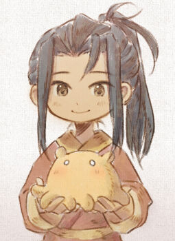 1boy black_hair brown_eyes closed_mouth commentary dot_nose english_commentary high_ponytail highres hikari_ku korina_(mrpuripurin) male_focus octopath_traveler octopath_traveler_ii octopuff_traveler_(octopath_traveler) ponytail sidelocks smile solo standing upper_body