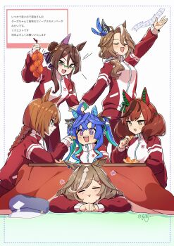 Rule 34 | 6+girls, absurdres, ahoge, animal ears, blue eyes, blue hair, blush, bow, braid, braided ponytail, breasts, brown eyes, brown hair, closed eyes, closed mouth, commentary request, crossed bangs, ear bow, ear covers, ear ornament, ear ribbon, food, fruit, glasses, green-framed eyewear, green bow, grey-framed eyewear, hair between eyes, hair ornament, hairclip, hat, heterochromia, highres, holding, horse ears, horse girl, horse tail, ikuno dictus (umamusume), jacket, kotatsu, long hair, long sleeves, mandarin orange, marshmallow (site), matikanetannhauser (umamusume), medium hair, multicolored hair, multiple girls, music, musical note, musical staff, nice nature (umamusume), open mouth, orange (fruit), orange peel, orange slice, over-rim eyewear, pants, purple eyes, red jacket, red pants, red track suit, round eyewear, royce and royce (umamusume), semi-rimless eyewear, sharp teeth, sidelocks, singing, single ear cover, smile, sounds of earth (umamusume), streaked hair, sweatdrop, table, tail, teeth, toji (y2toj2), tracen training uniform, track jacket, track pants, track suit, twin turbo (umamusume), twintails, umamusume, under kotatsu, under table, unworn hat, unworn headwear