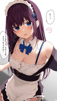 1girl apron armpit_crease bare_shoulders blue_bow blue_bowtie blue_eyes blush bow bowtie bra_strap breasts cleavage detached_collar hair_bow highres long_hair looking_at_viewer maid maid-chan_(ramchi) maid_apron maid_headdress medium_breasts mole mole_under_eye open_mouth original purple_hair ramchi sidelocks solo speech_bubble spoken_blush sweat swept_bangs