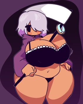 1girl bad_id bad_twitter_id between_breasts black_bra black_panties bra breasts cleavage closed_mouth covered_erect_nipples dark-skinned_female dark_skin grey_hair grimm&#039;s_hollow hair_over_one_eye holding holding_scythe hood hood_down hoodie huge_breasts jitome lavender_(grimm&#039;s_hollow) looking_at_viewer mob_face motion_lines navel panties plump purple_background purple_hoodie scythe short_hair skindentation solo spiral_cheeks spurhuns thick_thighs thighs underwear