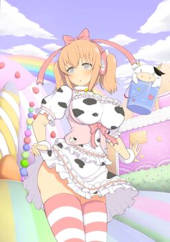 1girl animal_print blush breasts bucket candy clothes_lift cow cow_print cowbell dress food grey_eyes hair_ribbon highres large_breasts legs legs_together light_brown_hair looking_down marvelous miniskirt rainbow ribbon senran_kagura short_hair skirt skirt_lift solo striped_clothes striped_thighhighs thighhighs thighs twintails ushimaru_(senran_kagura) ushiwakamaru_(senran_kagura)
