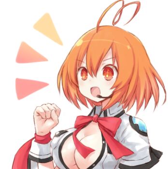 10s 1girl :d ahoge bad_id bad_pixiv_id blush bow bowtie breasts buran_(kure) bursting_breasts buttons cleavage clenched_hand female_focus from_side hair_between_eyes headset high_collar kami_jigen_game_neptune_v large_breasts marvelous marvelousaql_(neptunia) microphone musical_note musical_note-shaped_pupils neptune_(series) no_bra open_clothes open_mouth open_shirt orange_hair pocket red_eyes red_hair ribbon shirt short_hair short_sleeves simple_background smile solo symbol-shaped_pupils unbuttoned upper_body white_background wrist_cuffs wrist_ribbon