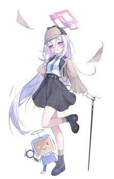 1girl absurdres black_skirt blue_archive blue_necktie blush brown_coat cane chain coat commentary double-parted_bangs flying_paper gyuromi158 hair_between_eyes halo hat highres holding holding_cane kei_(blue_archive) long_hair long_hair_between_eyes long_sleeves looking_at_viewer necktie open_mouth paper pink_eyes pink_halo rectangular_halo ringed_eyes shirt simple_background skirt solo untranslatable_commentary very_long_hair white_background white_hair white_shirt