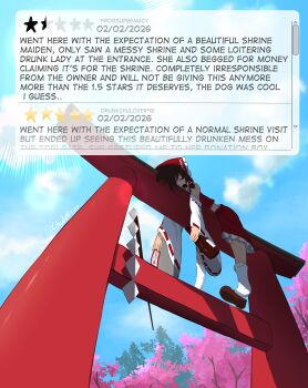 1girl absurdres bottle bow brown_hair cherry_blossoms closed_eyes cloudykeyz commentary detached_sleeves english_commentary english_text frills gohei hair_bow hair_tubes hakurei_reimu highres holding holding_bottle mary_janes open_mouth red_bow shoes skirt sleeping socks solo torii touhou twitter_username