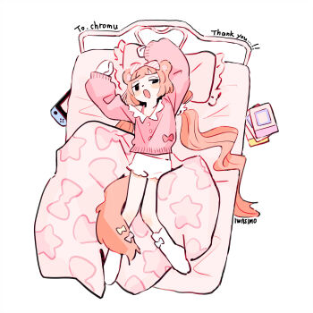 absurdres animal_ears arms_up artist_name blush_stickers bow chromu commission english_text full_body hair_bow highres indie_virtual_youtuber long_hair lying nintendo_switch on_back on_bed shorts simple_background socks stretching sweater tail tail_bow tail_ornament twintails virtual_youtuber white_background yawning