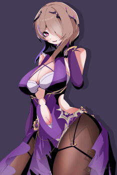 Rule 34 | 1girl, absurdres, black pantyhose, bra, breasts, commentary, dress, gloves, highres, honkai (series), honkai impact 3rd, large breasts, mole, mole under eye, navel, pantyhose, parted lips, purple background, purple dress, purple eyes, purple gloves, revealing clothes, rita rossweisse, rita rossweisse (miss espionage), setu xxx, short hair, simple background, solo, underwear, white bra