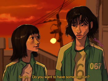 2girls black_eyes black_hair english_text eronic eye_contact ji-yeong kang_sae-byeok long_hair looking_at_another looking_at_viewer medium_hair multiple_girls nickeronic smile squid_game
