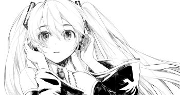 1girl adjusting_headphones am/g close-up commentary_request detached_sleeves grey_scarf hatsune_miku highres long_hair looking_at_viewer monochrome parted_lips scarf simple_background solo twintails upper_body vocaloid white_background