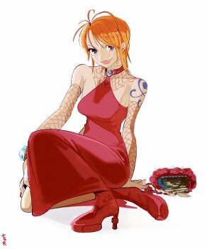 Rule 34 | 1girl, alternate costume, bare shoulders, bloodykn8ght, boots, bracelet, breasts, commentary, detached sleeves, dress, english commentary, fishnet sleeves, fishnets, high heel boots, high heels, highres, jewelry, lips, log pose, looking at viewer, medium breasts, nami (one piece), on one knee, one piece, orange hair, pink lips, red boots, red dress, short hair, shoulder tattoo, solo, tattoo, white background