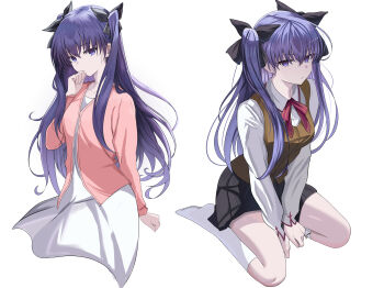 absurdres alternate_universe black_skirt brown_vest child command_spell corruption cosplay dark_persona fate/stay_night fate_(series) hair_ribbon heaven&#039;s_feel highres homurabara_academy_school_uniform long_hair long_legs matou_rin matou_sakura matou_sakura_(cosplay) multiple_girls neck_ribbon print_ribbon purple_eyes purple_hair red_ribbon ribbon role_reversal scar school_uniform shokobr skirt thighhighs tohsaka_rin two_side_up vest