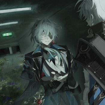 2boys anaxa_(honkai:_star_rail) aqua_hair black_corset black_jacket blue_cape cape chain corset cyn_ouo earrings eyepatch from_behind gem grey_hair hair_between_eyes hair_intakes highres honkai:_star_rail honkai_(series) indoors jacket jewelry lapels male_focus mandarin_collar medium_hair multiple_boys notched_lapels one_eye_covered phainon_(honkai:_star_rail) red_gemstone shirt short_hair side_ponytail single_earring upper_body white_shirt