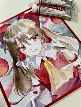 Rule 34 | 1girl, art tools in frame, ascot, bow, brown hair, commentary, detached sleeves, frilled bow, frilled hair tubes, frills, hair bow, hair tubes, hakurei reimu, highres, long hair, looking at viewer, neruko (piano00324), painting (medium), photo (medium), red bow, red eyes, ribbon-trimmed sleeves, ribbon trim, smile, solo, touhou, traditional media, watercolor (medium), yellow ascot