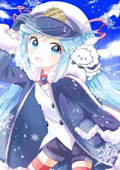 Rule 34 | 1girl, 1other, aobahosino, aqua eyes, aqua hair, arm up, binoculars, black coat, black gloves, black necktie, black shorts, blush, coat, collared shirt, commentary request, fur-trimmed coat, fur-trimmed sleeves, fur trim, gloves, gradient hair, hair between eyes, hair ornament, hair ribbon, hat, hatsune miku, heart, heart in eye, jacket, long hair, long sleeves, looking at viewer, multicolored hair, necktie, official alternate costume, official alternate hairstyle, open mouth, peaked cap, rabbit, rabbit yukine, red ribbon, red shirt, ribbon, sailor hat, shirt, short shorts, shorts, striped clothes, striped thighhighs, symbol in eye, thighhighs, twintails, very long hair, vocaloid, white hair, white jacket, white rabbit (animal), yuki miku, yuki miku (2022), zettai ryouiki
